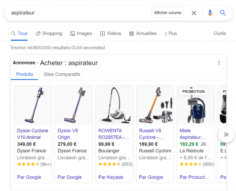 Google shopping : page résultats 